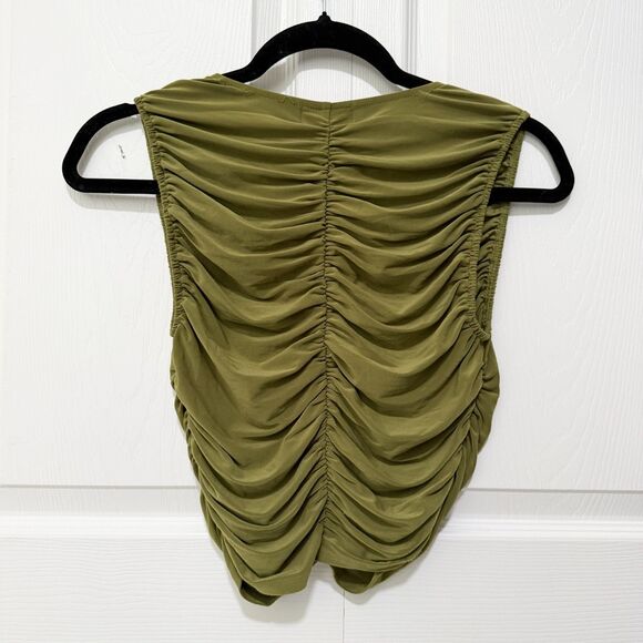 Women Open Edit Ruched Sleeveless V-neck Top In Olive Sphagnum Size Extra Small - Picture 3 of 8
